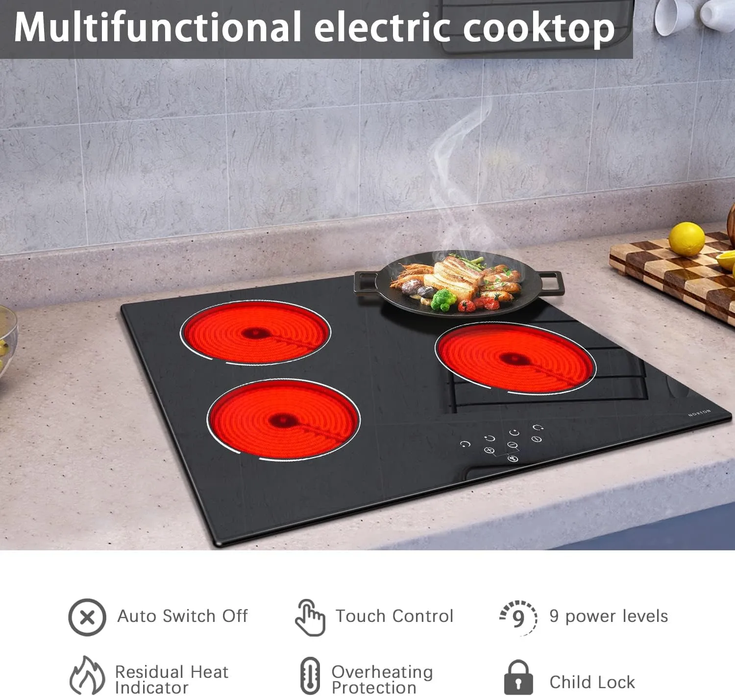 Noxton 24 Inch Electric Cooktop 4 Burners Electric Stove, Built-in Ceramic Cooktop, Electric Cooker Hob With Touch Control Child Lock Timer Easy To Clean with Hard Wire 6000W 220~240V