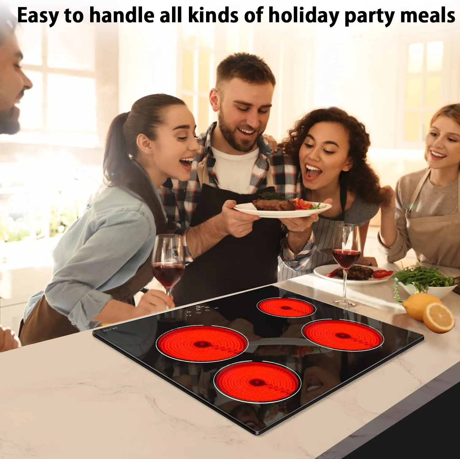 Noxton 24 Inch Electric Cooktop 4 Burners Electric Stove, Built-in Ceramic Cooktop, Electric Cooker Hob With Touch Control Child Lock Timer Easy To Clean with Hard Wire 6000W 220~240V