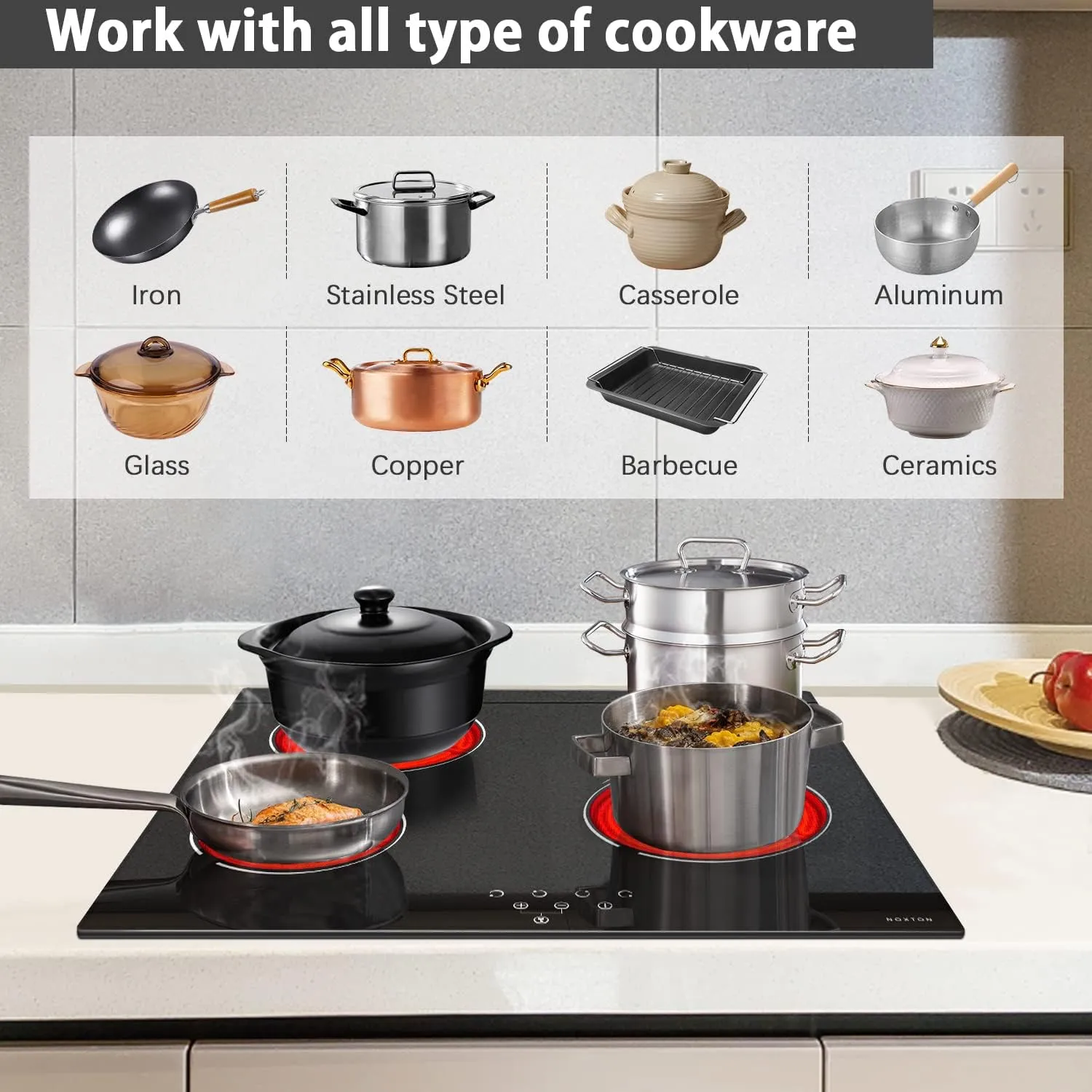 Noxton 24 Inch Electric Cooktop 4 Burners Electric Stove, Built-in Ceramic Cooktop, Electric Cooker Hob With Touch Control Child Lock Timer Easy To Clean with Hard Wire 6000W 220~240V
