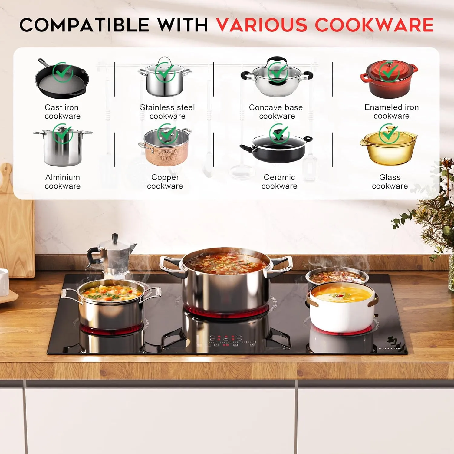 Noxton 30 Inch Electric Cooktop, 5 Burners Electric Stovetop, Built-in Glass Cooktop, 9 Power Level, Pause, Timer, Child Safety Lock, Triple Ring, 220-240V Hardwire(NO plug)