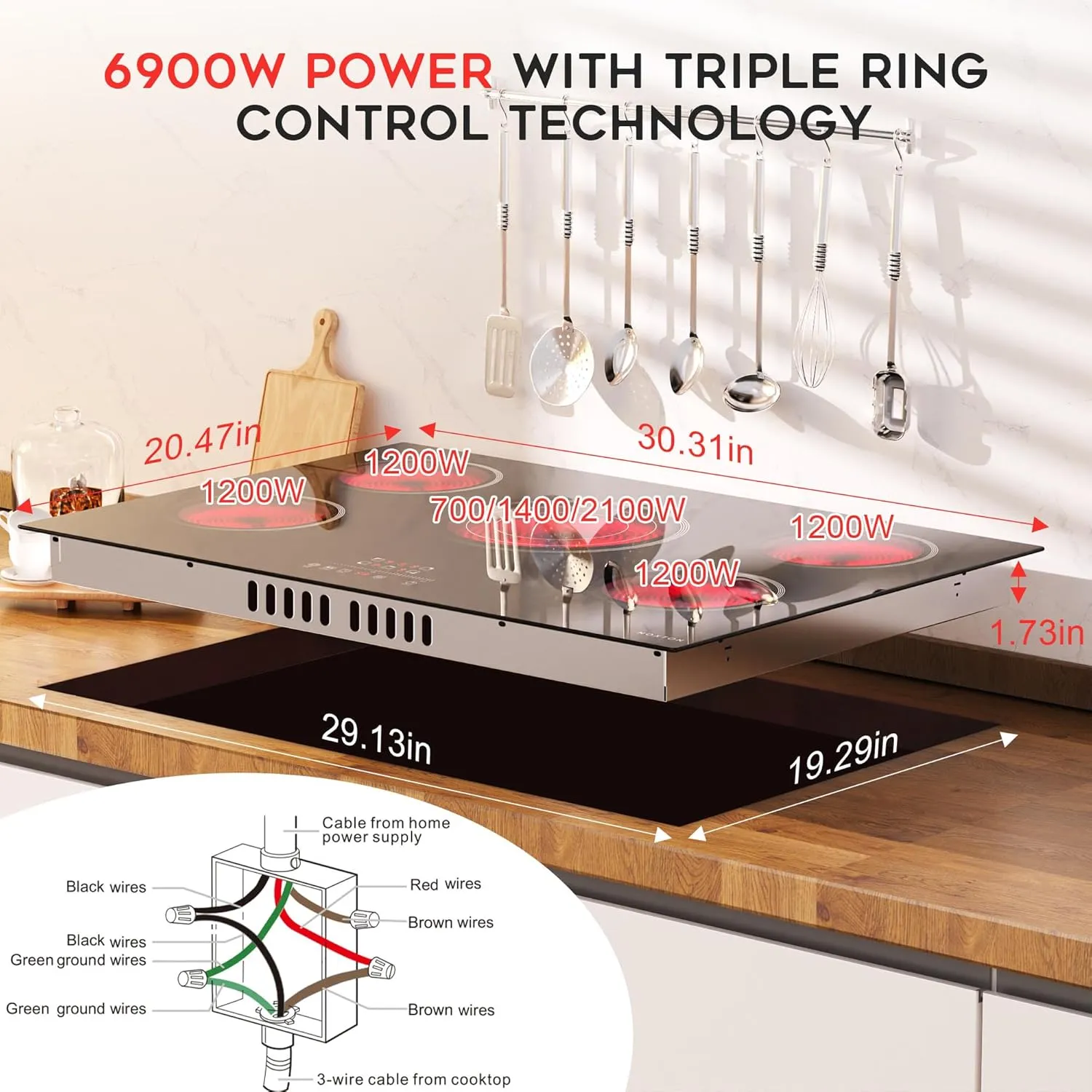 Noxton 30 Inch Electric Cooktop, 5 Burners Electric Stovetop, Built-in Glass Cooktop, 9 Power Level, Pause, Timer, Child Safety Lock, Triple Ring, 220-240V Hardwire(NO plug)