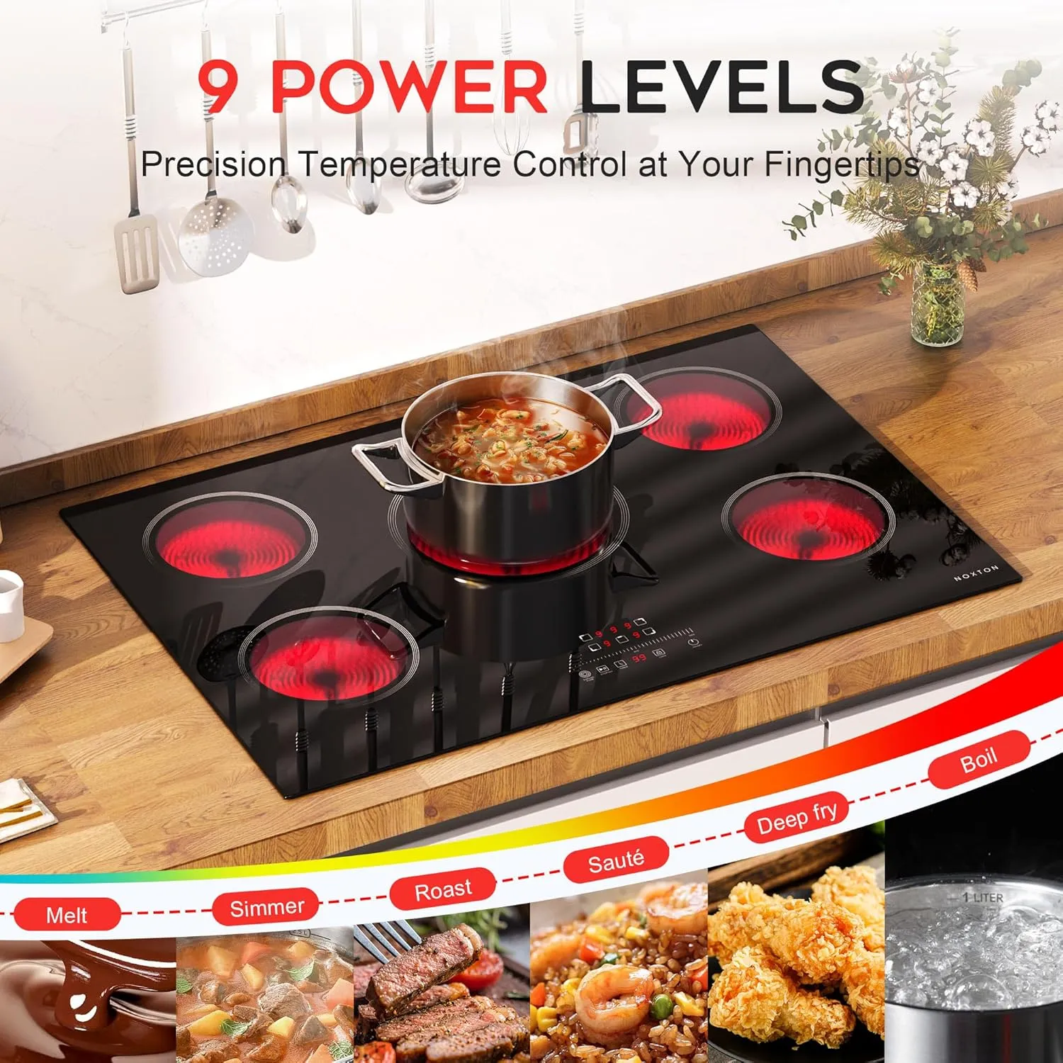 Noxton 30 Inch Electric Cooktop, 5 Burners Electric Stovetop, Built-in Glass Cooktop, 9 Power Level, Pause, Timer, Child Safety Lock, Triple Ring, 220-240V Hardwire(NO plug)