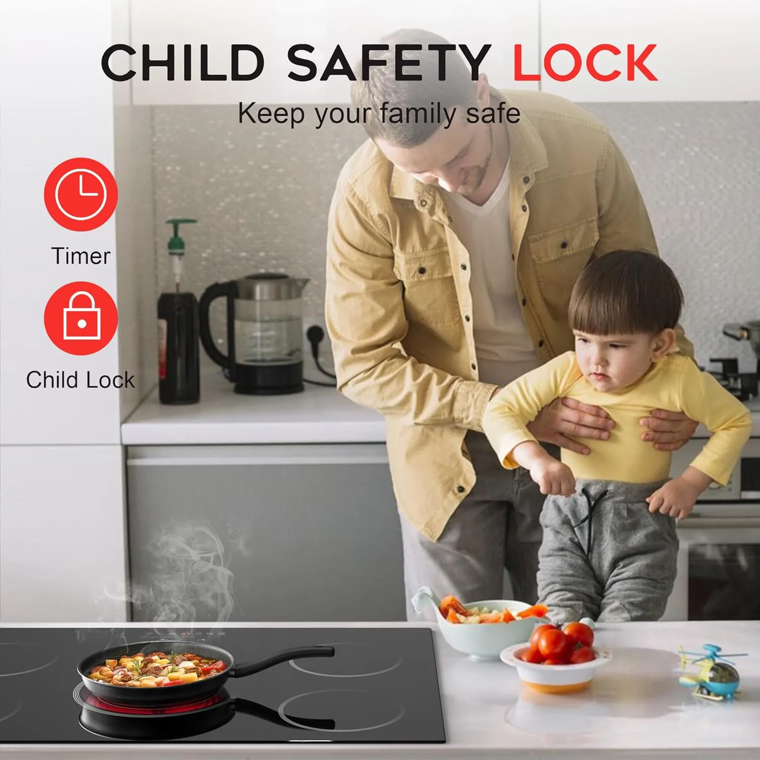 Noxton 30 Inch Electric Cooktop, 5 Burners Electric Stovetop, Built-in Glass Cooktop, 9 Power Level, Pause, Timer, Child Safety Lock, Triple Ring, 220-240V Hardwire(NO plug)