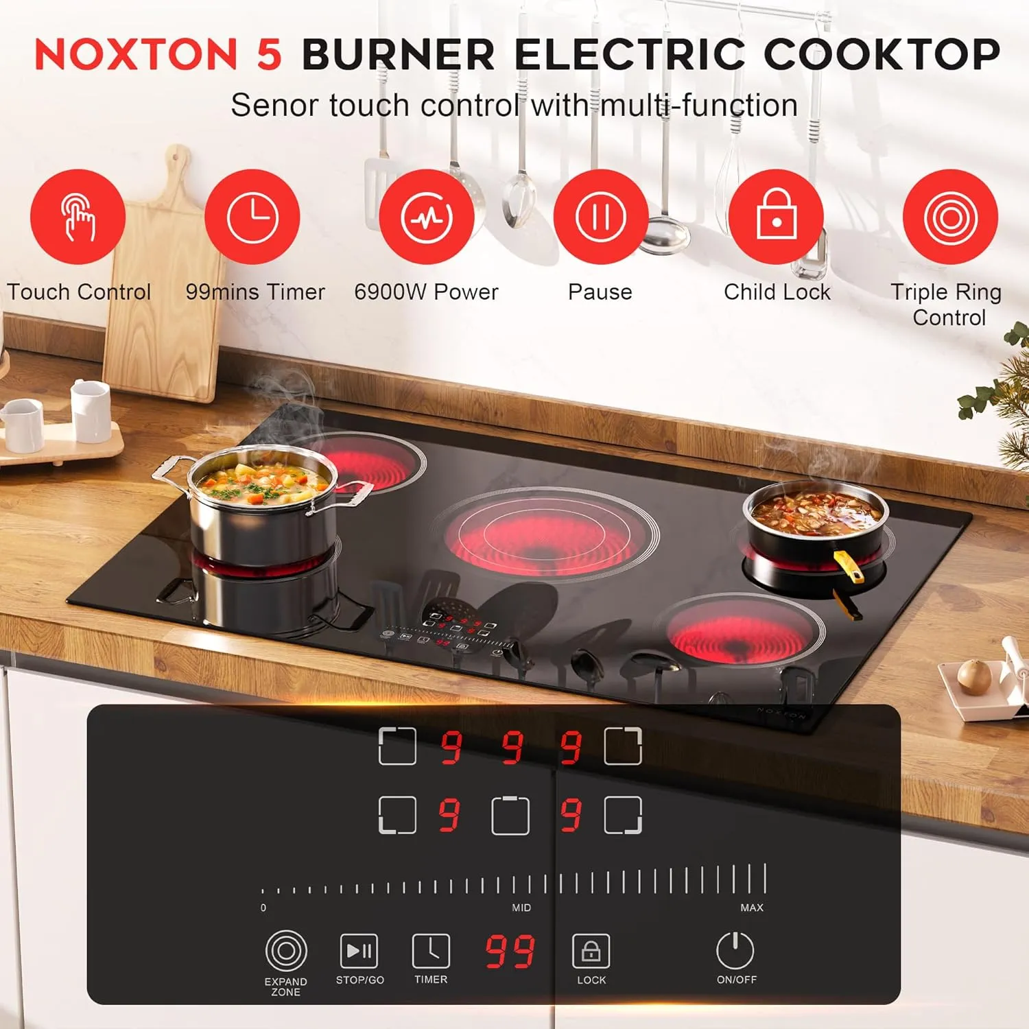 Noxton 30 Inch Electric Cooktop, 5 Burners Electric Stovetop, Built-in Glass Cooktop, 9 Power Level, Pause, Timer, Child Safety Lock, Triple Ring, 220-240V Hardwire(NO plug)