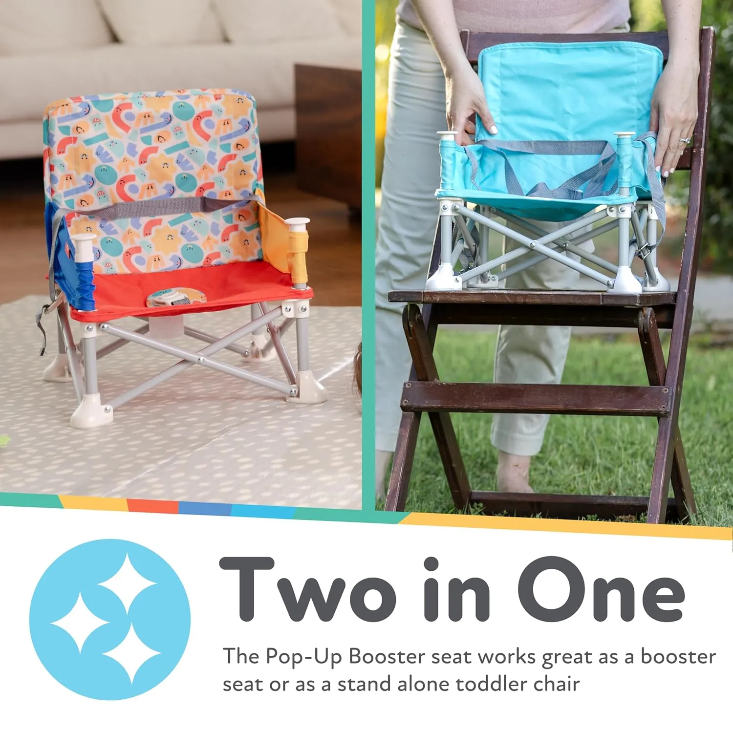 Nuby Easy Go Pop-Up Booster Seat with Removable Tray - 6  Months - Portable Booster Seat for Floor for Indoor/Outdoor Use - 3-Point Safety Adjustable Straps - Includes Travel Bag - Gray