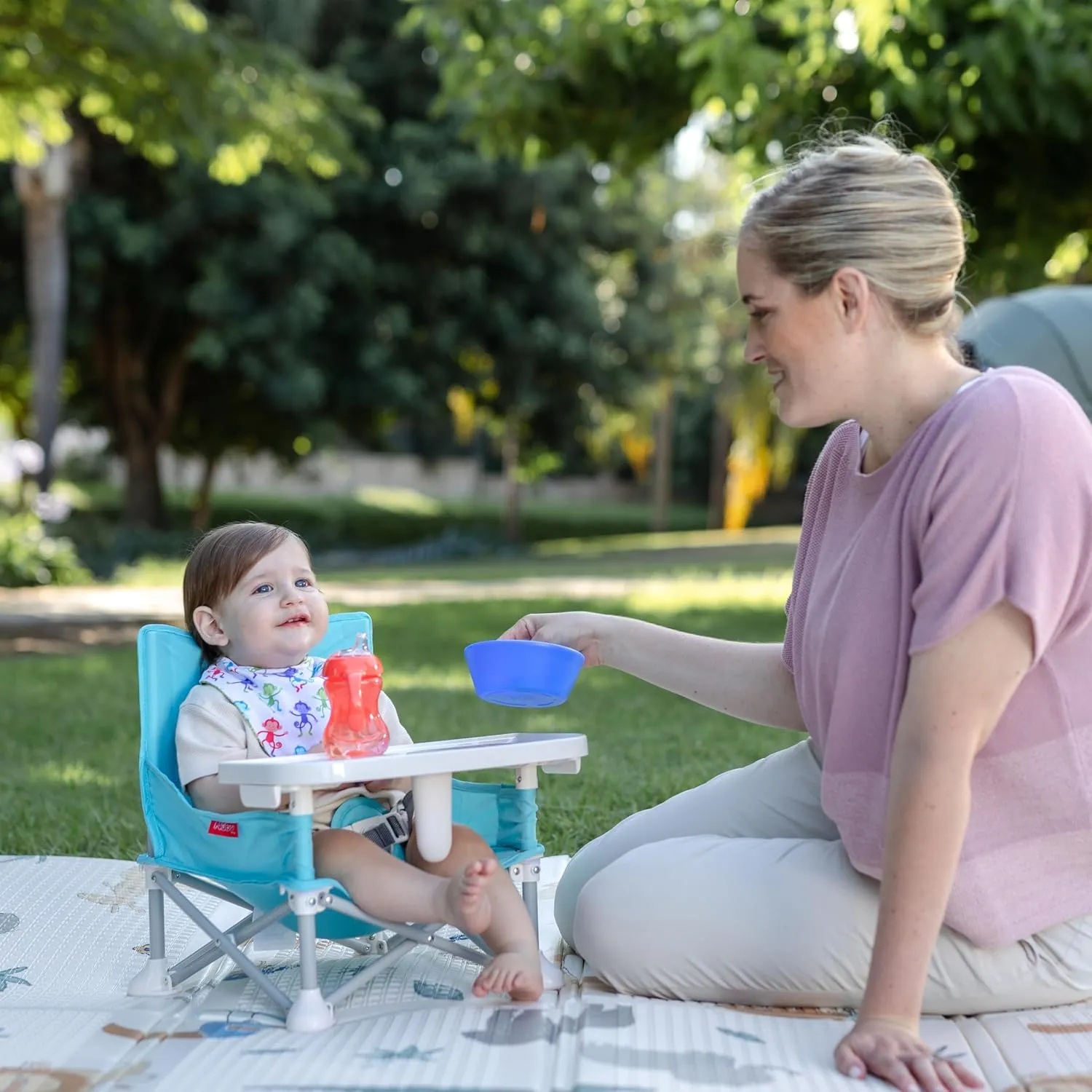 Nuby Easy Go Pop-Up Booster Seat with Removable Tray - 6  Months - Portable Booster Seat for Floor for Indoor/Outdoor Use - 3-Point Safety Adjustable Straps - Includes Travel Bag - Gray