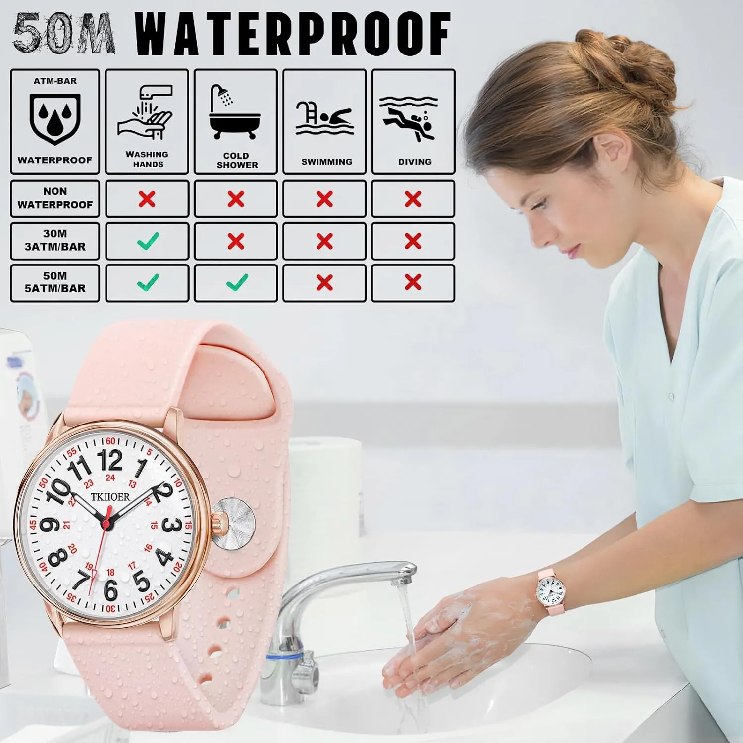 Nurse Watch for Nurse Medical Professionals Students Women Men, 50M Waterproof 12/24 Hour Military Time Luminous Easy Read Dial, Second Hand Watch for Nursing