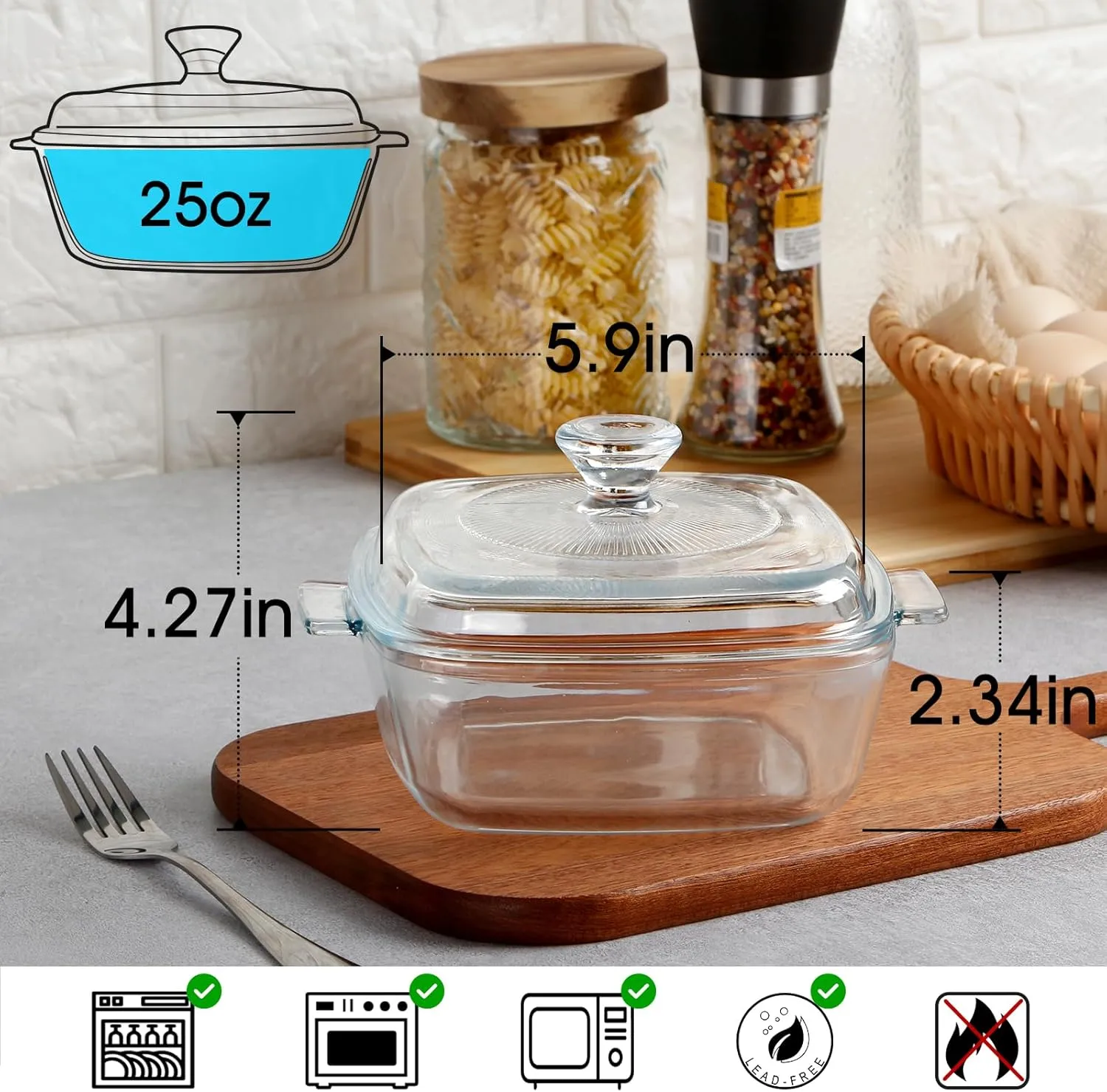 NUTRIUPS 0.8L Glass Casserole Dish with Lid Oven Safe Square Casserole Dish 5.9in Glass Microwave Bowl With Lid Microwavable Cookware (25oz-Mini)