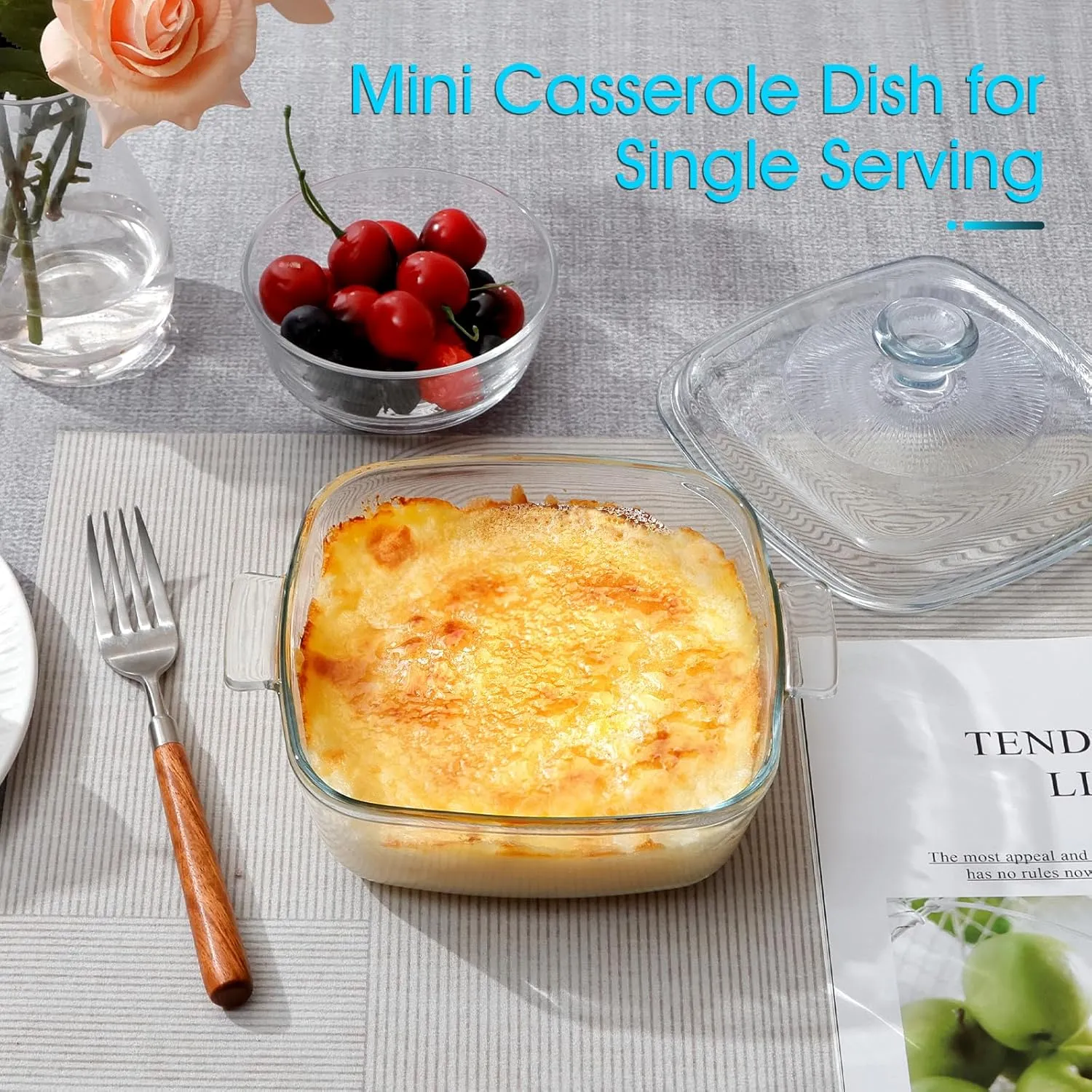 NUTRIUPS 0.8L Glass Casserole Dish with Lid Oven Safe Square Casserole Dish 5.9in Glass Microwave Bowl With Lid Microwavable Cookware (25oz-Mini)