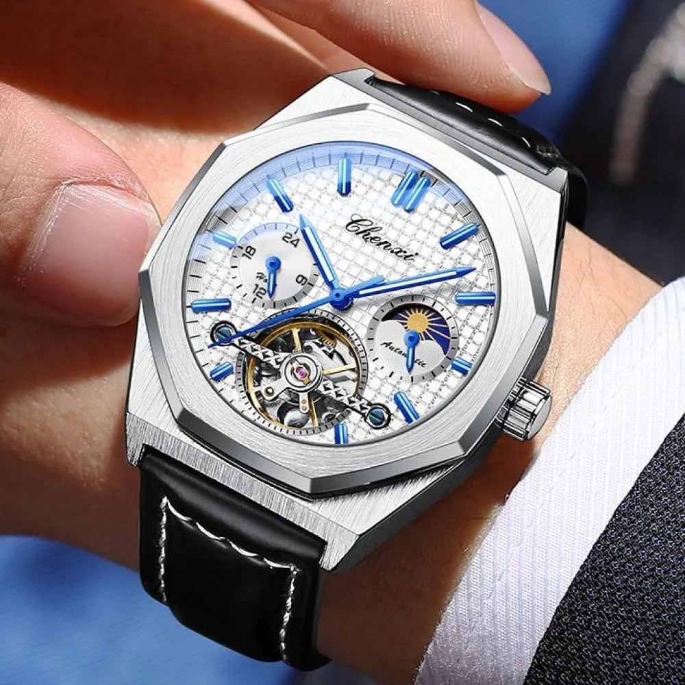 Octagon Hollowed Tourbillon Mechanical Watch Starry Moon Phases Waterproof Luminous Automatic Wristwatch Luxury Leather Mens Watches