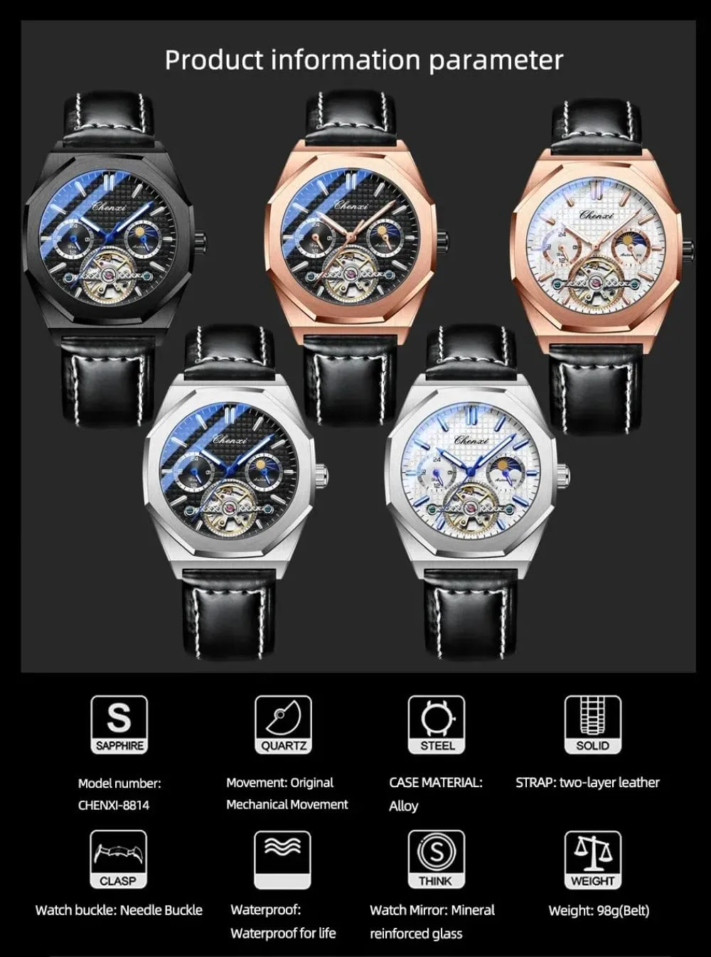 Octagon Hollowed Tourbillon Mechanical Watch Starry Moon Phases Waterproof Luminous Automatic Wristwatch Luxury Leather Mens Watches