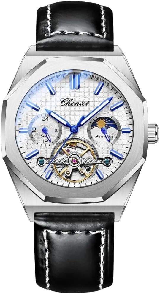 Octagon Hollowed Tourbillon Mechanical Watch Starry Moon Phases Waterproof Luminous Automatic Wristwatch Luxury Leather Mens Watches