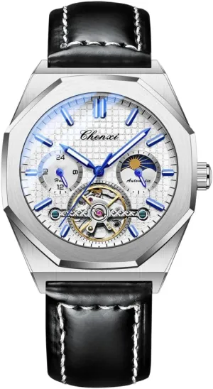 Octagon Hollowed Tourbillon Mechanical Watch Starry Moon Phases Waterproof Luminous Automatic Wristwatch Luxury Leather Mens Watches