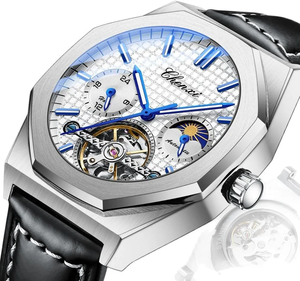 Octagon Hollowed Tourbillon Mechanical Watch Starry Moon Phases Waterproof Luminous Automatic Wristwatch Luxury Leather Mens Watches