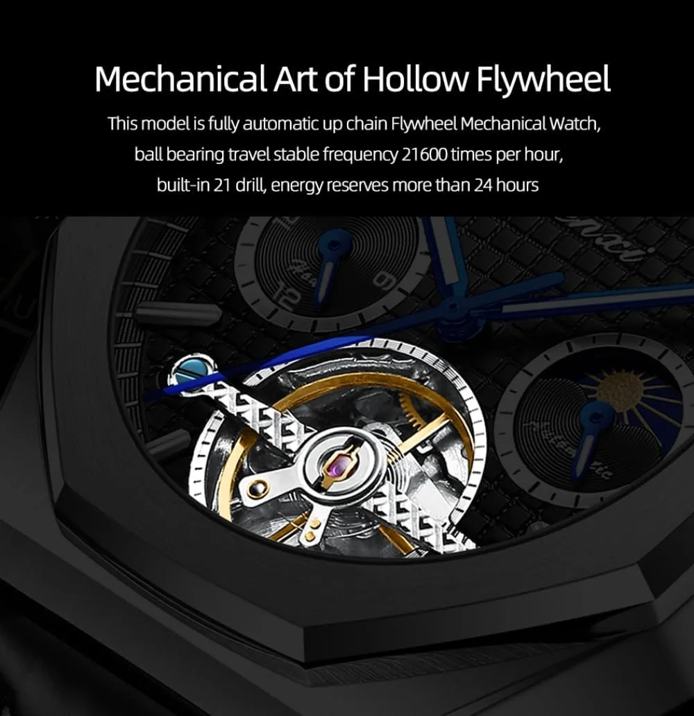 Octagon Hollowed Tourbillon Mechanical Watch Starry Moon Phases Waterproof Luminous Automatic Wristwatch Luxury Leather Mens Watches