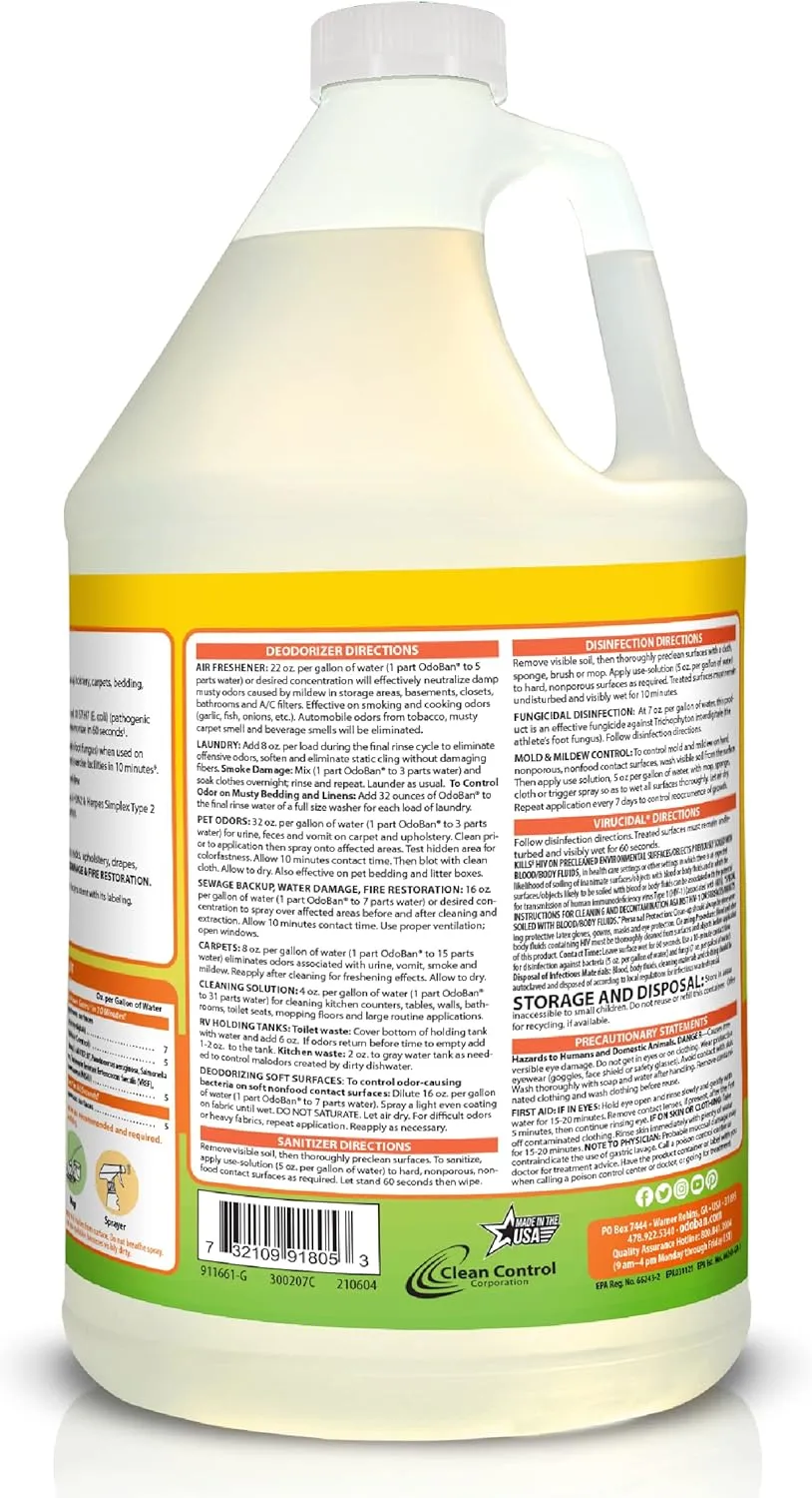 OdoBan Aroma Eliminator Set, 10 Ounce 360-Degree Continuous Spray Natural Oil Real Citrus Air Freshener and 1 Gallon Multipurpose Disinfectant Cleaning Concentrate, Orange Scent