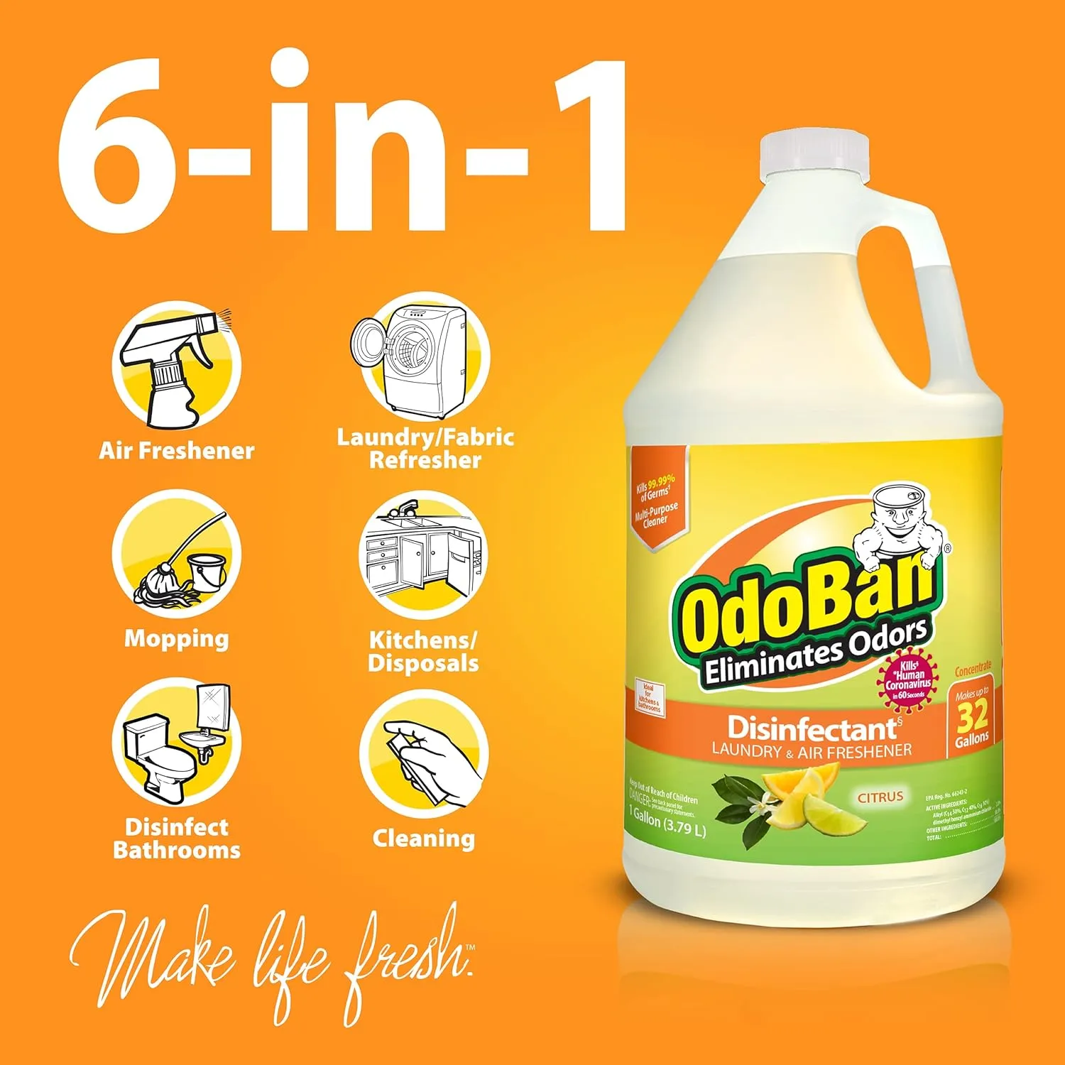 OdoBan Aroma Eliminator Set, 10 Ounce 360-Degree Continuous Spray Natural Oil Real Citrus Air Freshener and 1 Gallon Multipurpose Disinfectant Cleaning Concentrate, Orange Scent