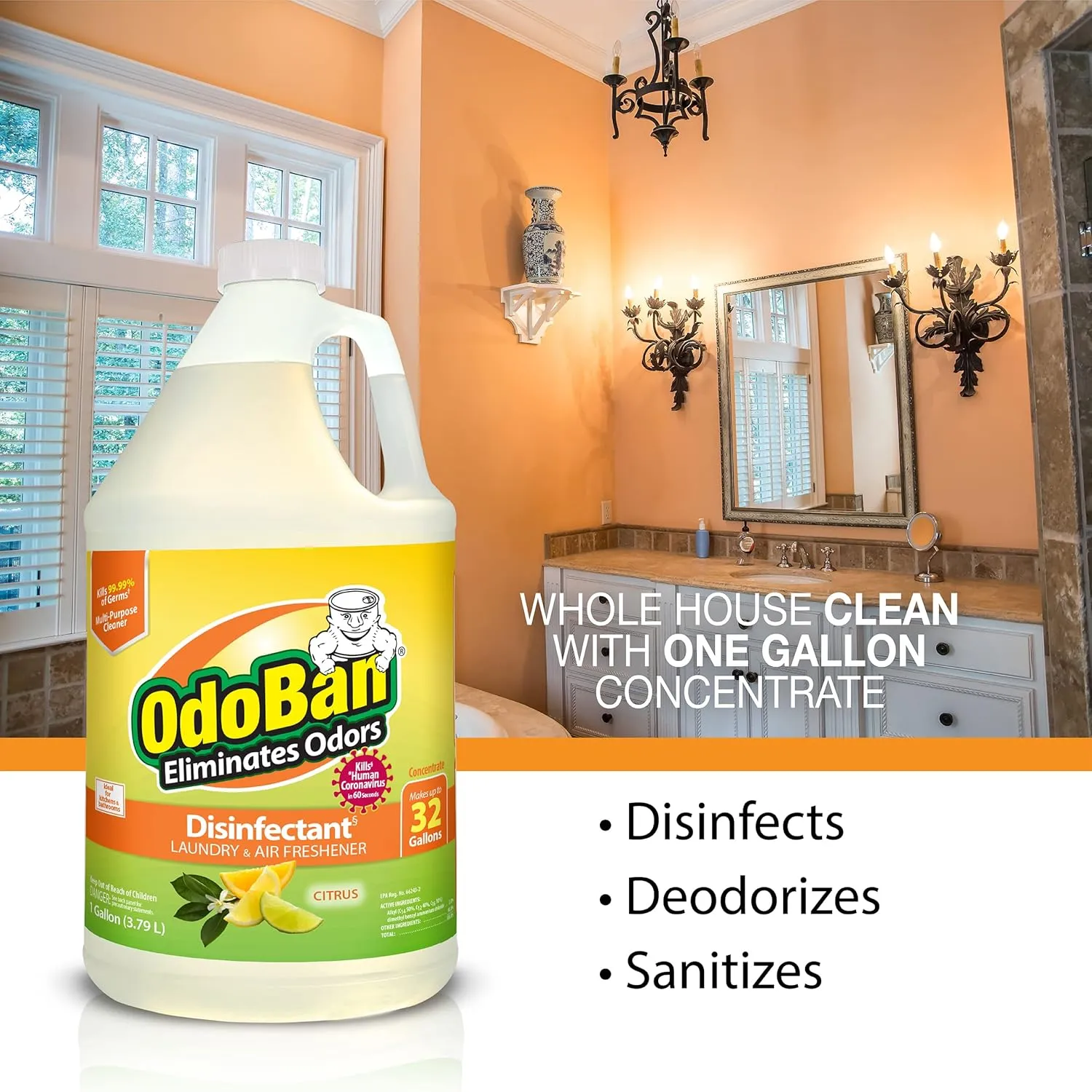 OdoBan Aroma Eliminator Set, 10 Ounce 360-Degree Continuous Spray Natural Oil Real Citrus Air Freshener and 1 Gallon Multipurpose Disinfectant Cleaning Concentrate, Orange Scent