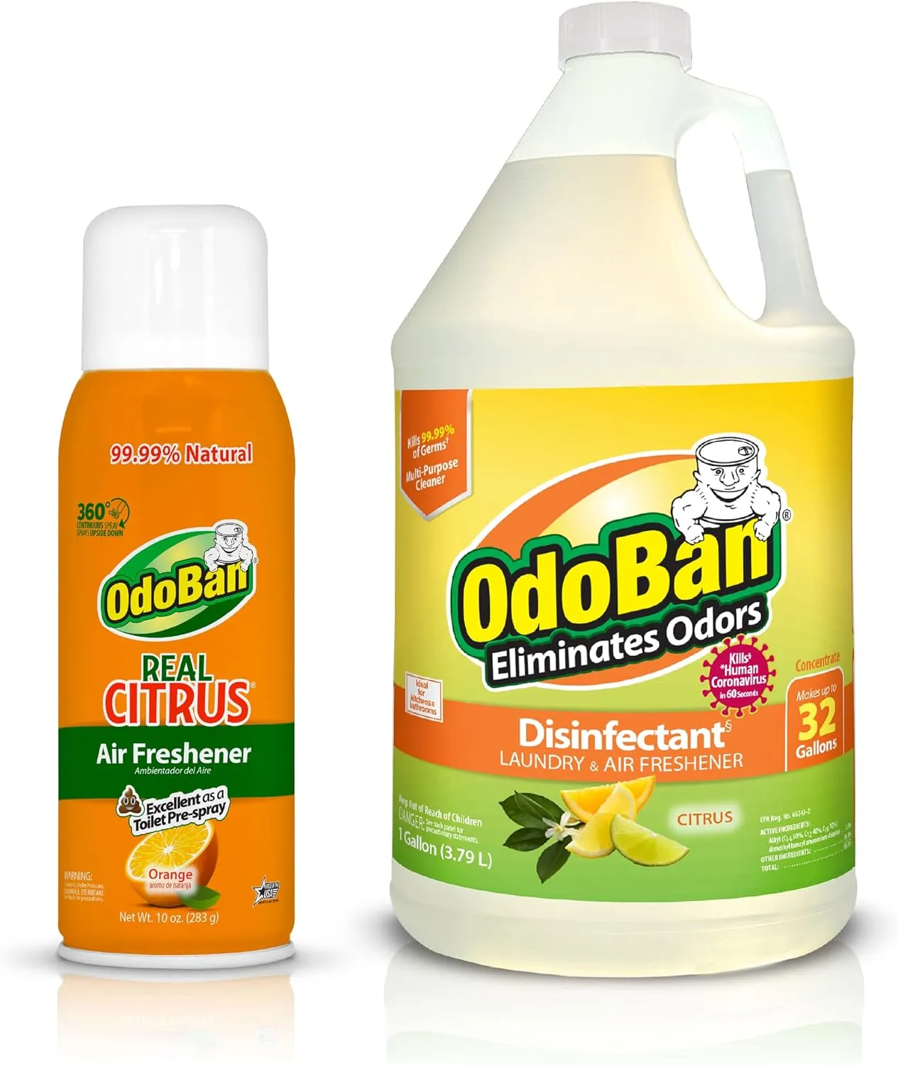 OdoBan Aroma Eliminator Set, 10 Ounce 360-Degree Continuous Spray Natural Oil Real Citrus Air Freshener and 1 Gallon Multipurpose Disinfectant Cleaning Concentrate, Orange Scent