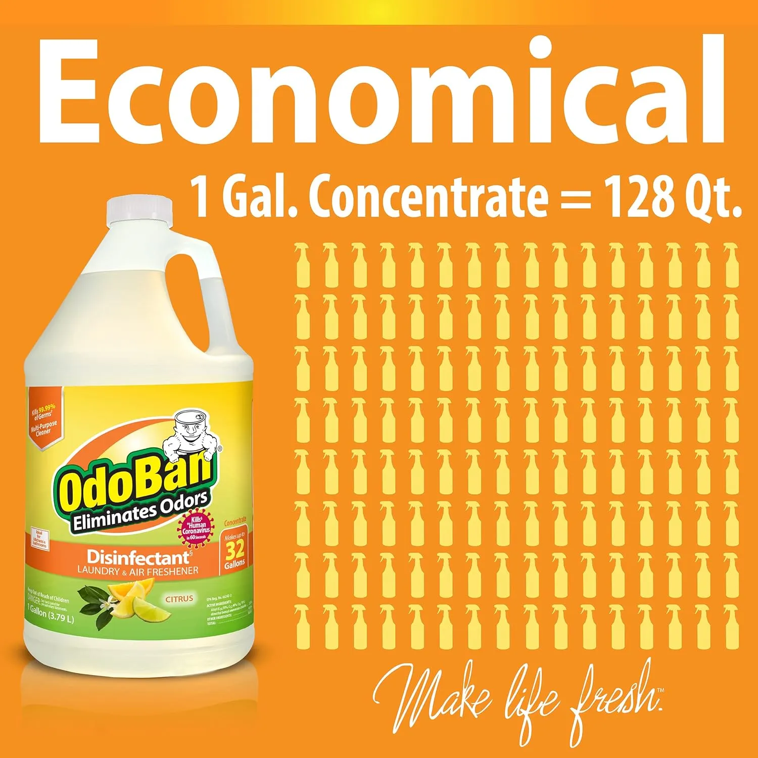OdoBan Aroma Eliminator Set, 10 Ounce 360-Degree Continuous Spray Natural Oil Real Citrus Air Freshener and 1 Gallon Multipurpose Disinfectant Cleaning Concentrate, Orange Scent