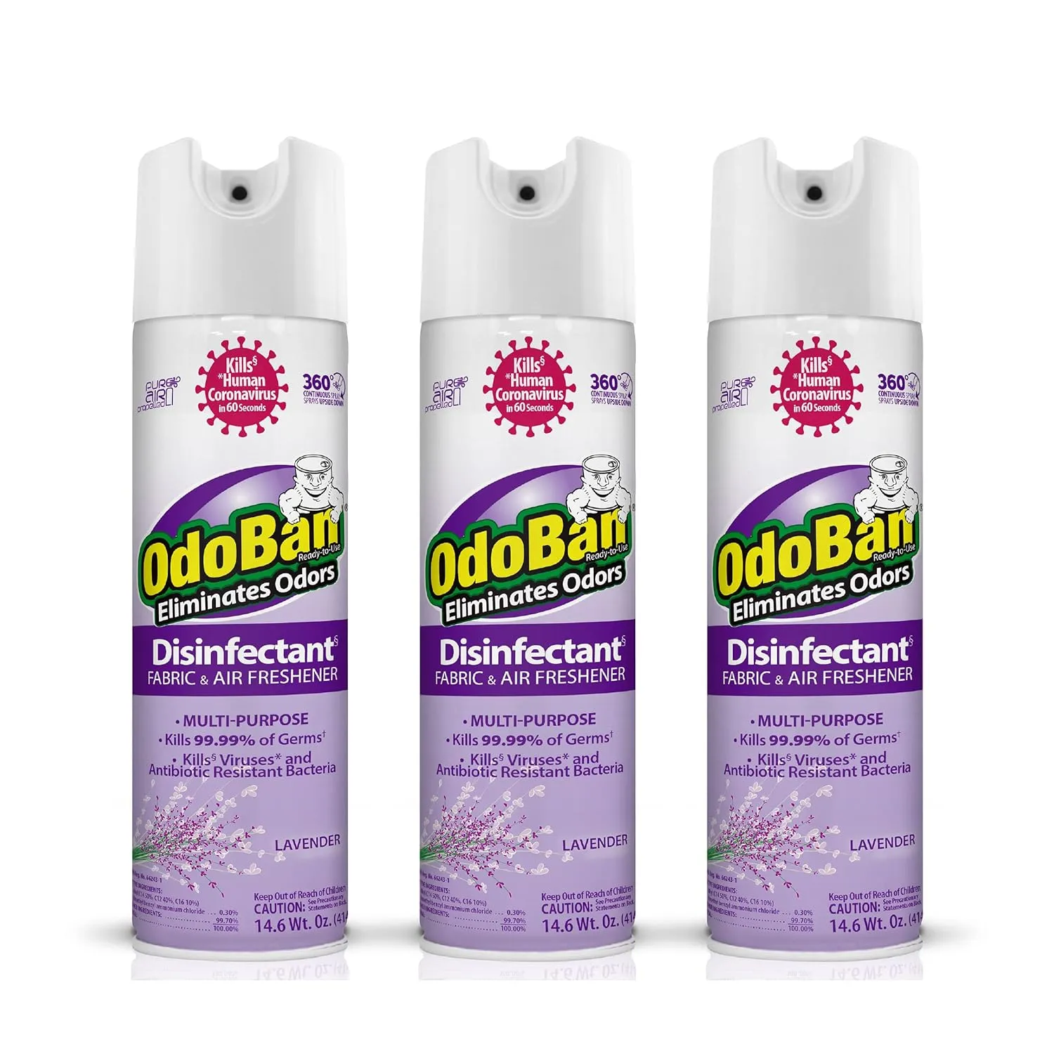 OdoBan Ready-to-Use 360-Degree Continuous Spray Disinfectant and Harsh Aroma Eliminator, Fabric and Air Freshener, 3 Pack, 14.6 Ounces Each, Lavender Scent