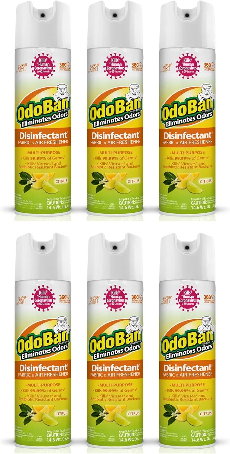 OdoBan Ready-to-Use 360-Degree Continuous Spray Disinfectant and Harsh Aroma Eliminator, Fabric and Air Freshener, 6 Pack, 14.6 Ounces Each, Citrus Scent