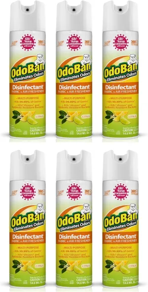 OdoBan Ready-to-Use 360-Degree Continuous Spray Disinfectant and Harsh Aroma Eliminator, Fabric and Air Freshener, 6 Pack, 14.6 Ounces Each, Citrus Scent