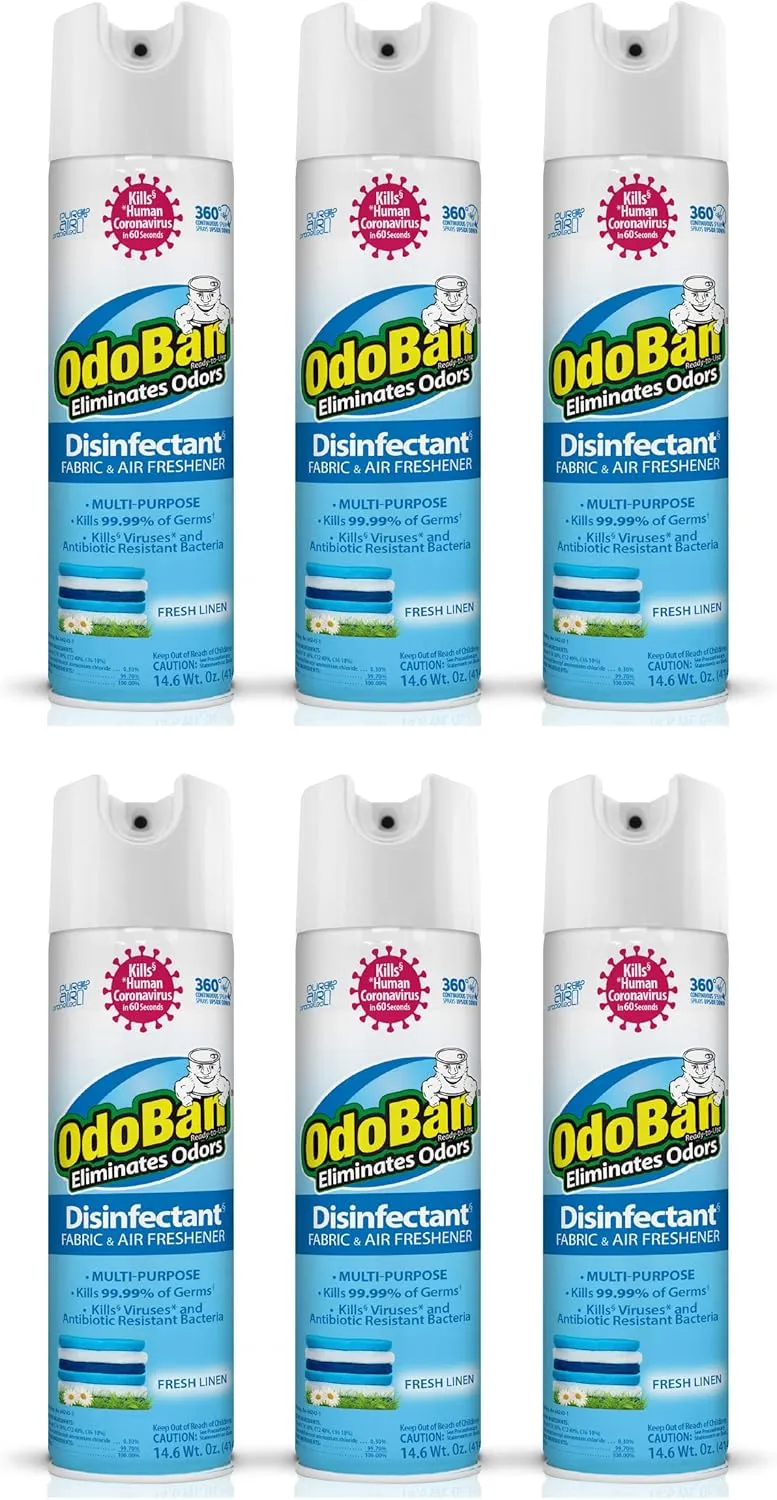 OdoBan Ready-to-Use 360-Degree Continuous Spray Disinfectant and Harsh Aroma Eliminator, Fabric and Air Freshener, 6 Pack, 14.6 Ounces Each, Fresh Linen Scent