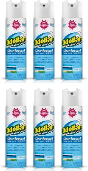 OdoBan Ready-to-Use 360-Degree Continuous Spray Disinfectant and Harsh Aroma Eliminator, Fabric and Air Freshener, 6 Pack, 14.6 Ounces Each, Fresh Linen Scent