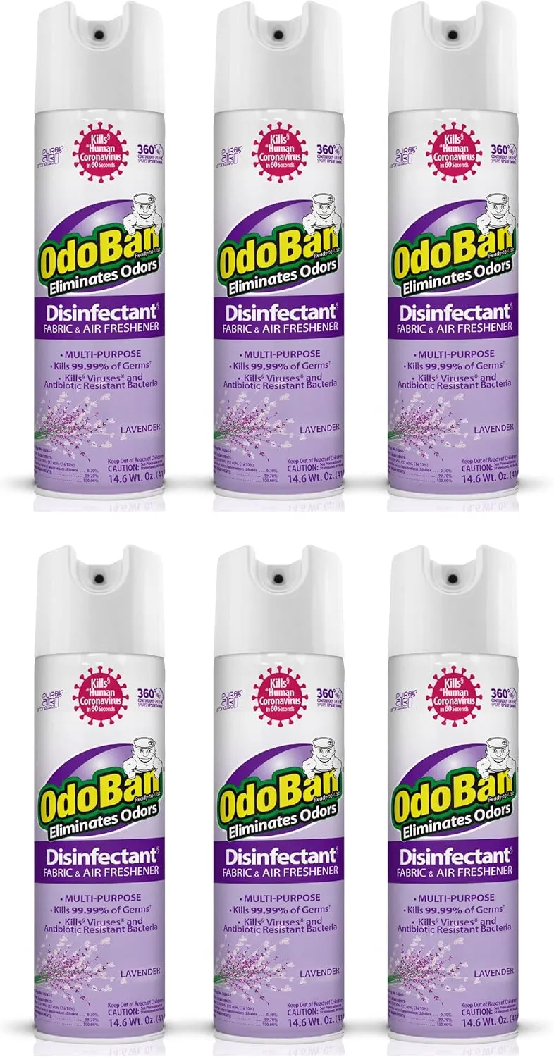 OdoBan Ready-to-Use 360-Degree Continuous Spray Disinfectant and Harsh Aroma Eliminator, Fabric and Air Freshener, 6 Pack, 14.6 Ounces Each, Lavender Scent