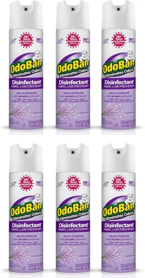 OdoBan Ready-to-Use 360-Degree Continuous Spray Disinfectant and Harsh Aroma Eliminator, Fabric and Air Freshener, 6 Pack, 14.6 Ounces Each, Lavender Scent