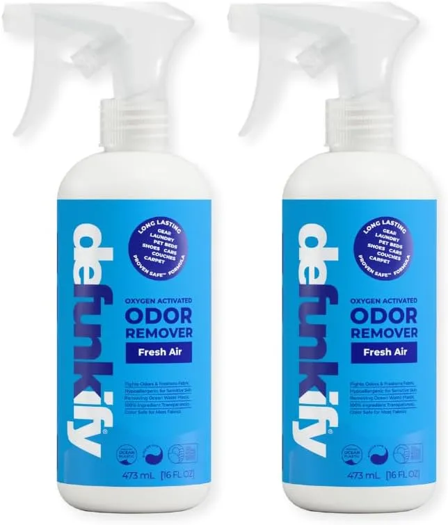 Odor Remover Spray, 16oz (2-Pack). 'Fresh Air' Essential Oil Odor Eliminator for Strong Odors on Fabric, Shoes, Activewear. 'ProvenSafe' Deodorizer for Pets, Kids & Sensitive Gear w/Ionic Silver