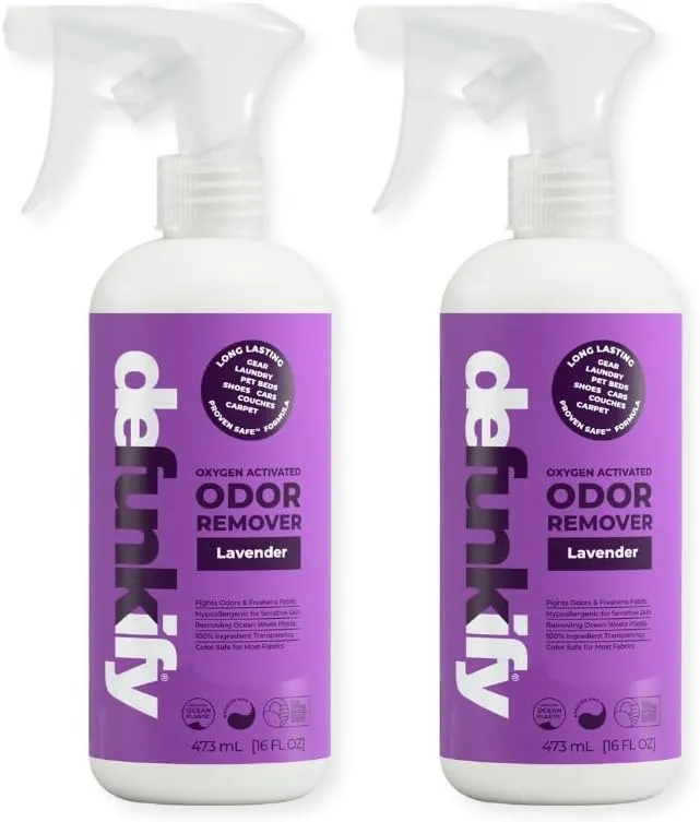 Odor Remover Spray, 16oz (2-Pack). 'Lavender' Essential Oil Odor Eliminator for Strong Odors on Fabric, Shoes, Activewear. 'ProvenSafe' Deodorizer for Pets, Kids & Sensitive Gear w/Ionic Silver