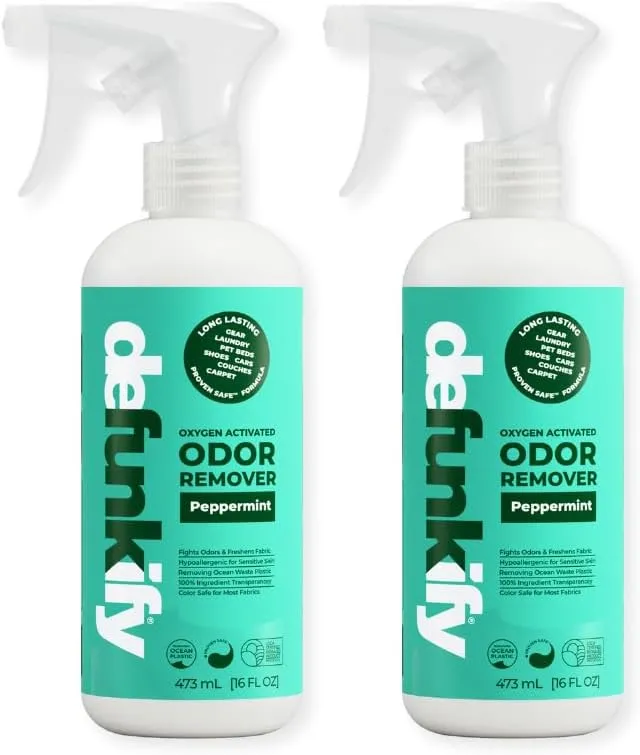 Odor Remover Spray, 16oz (2-Pack). 'Peppermint' Essential Oil Odor Eliminator for Strong Odors on Fabric, Shoes, Activewear. 'ProvenSafe' Deodorizer for Pets, Kids & Sensitive Gear w/Ionic Silver