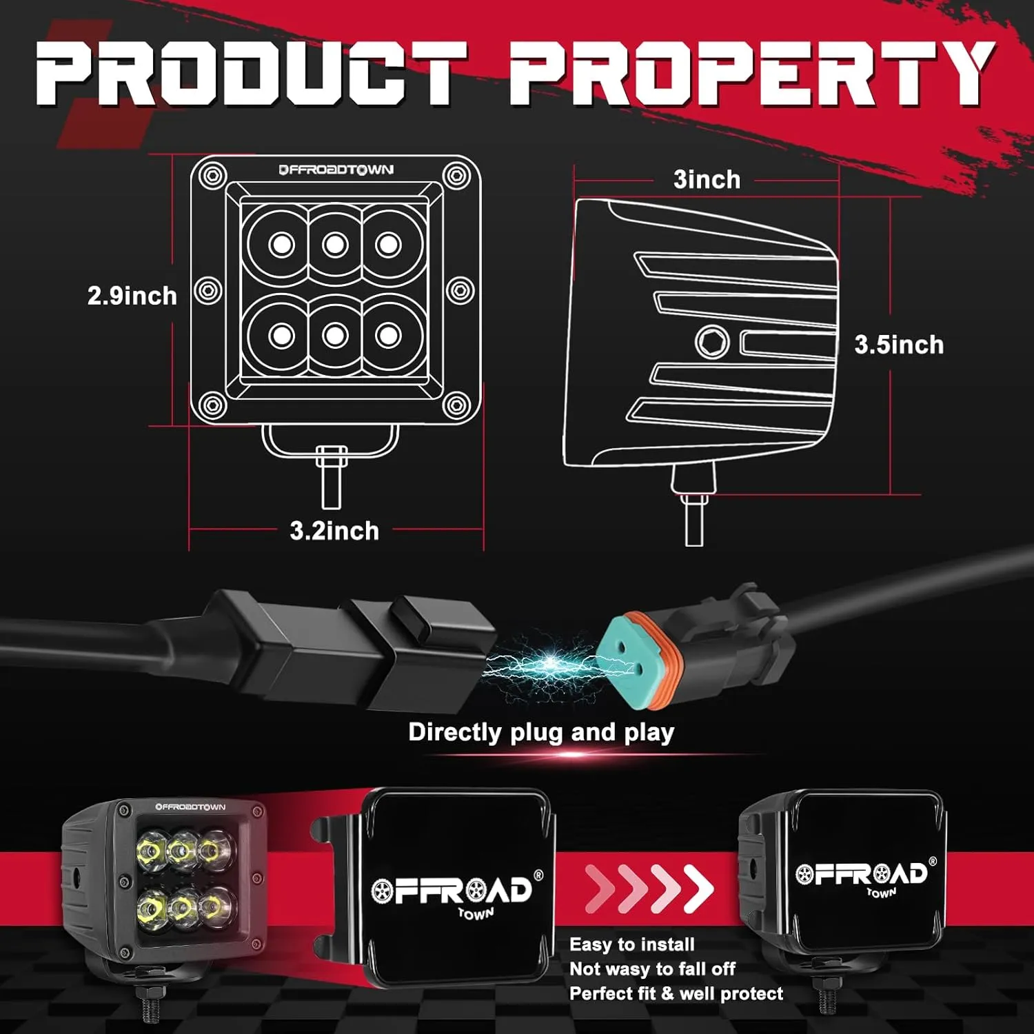 OFFROADTOWN LED Cubes 3inch 120W CREE LED Pods with Wiring Harness and Black Cover Driving Lights Ditch Light Spot Off Road Lights for Truck Pickup UTV ATV SUV Boat 4x4 Car