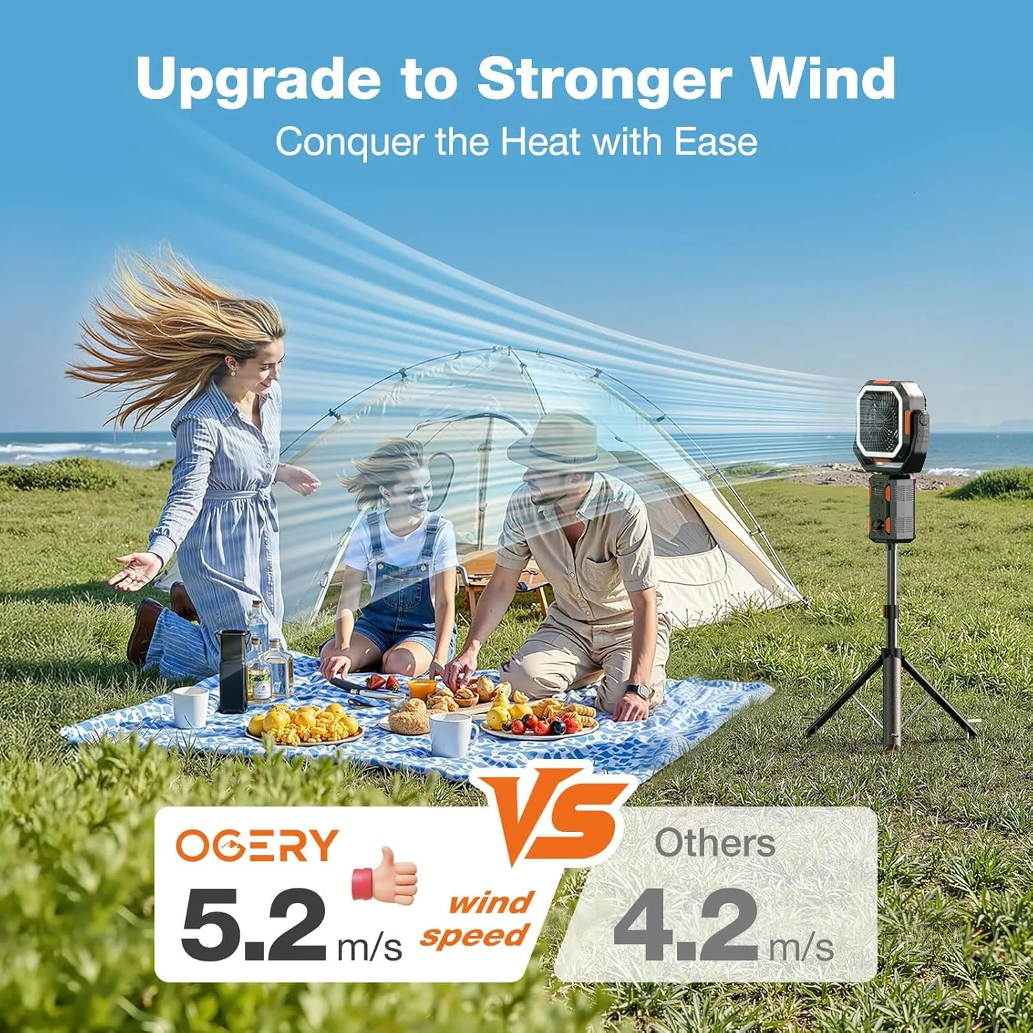 OGERY F21 Camping Fan with Stand, 20000mAh Rechargeable Battery Powered Standing Fan, LED Lanterns for Power Outages, Strong Wind, Fast Charging for Tent, Travel, Bedroom, Camping Essentials