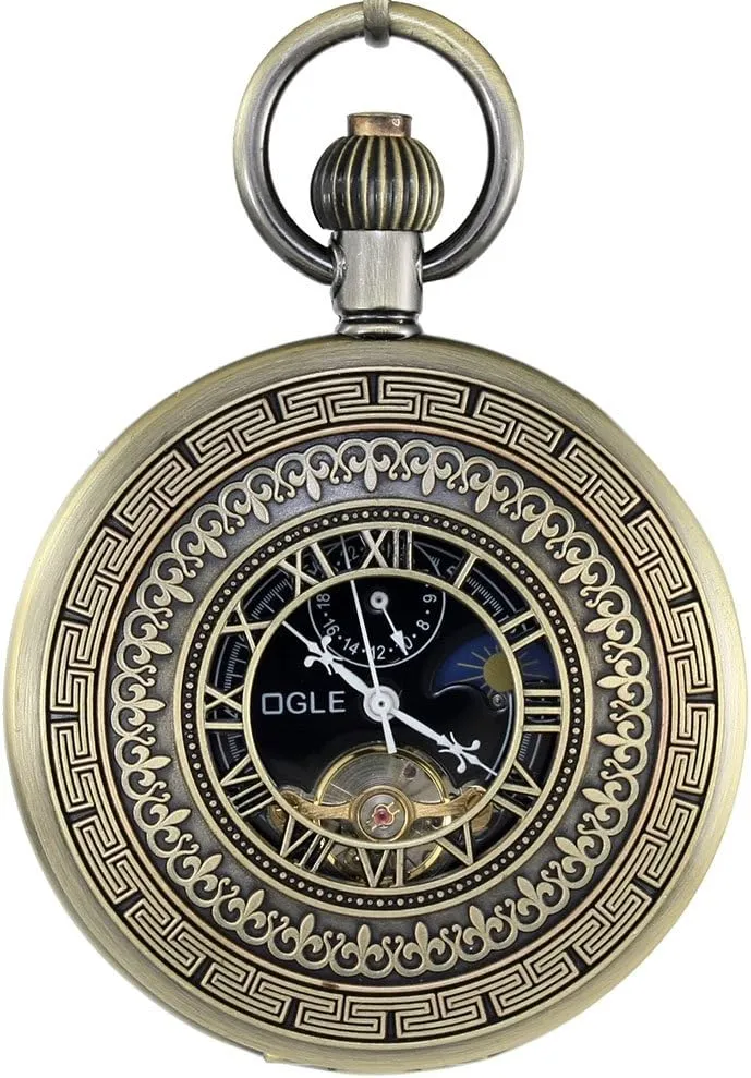OGLE Waterproof Bronze Black Tourbillon Phases Moon Chain Fob Skeleton Automatic Mechanical Pocket Watch
