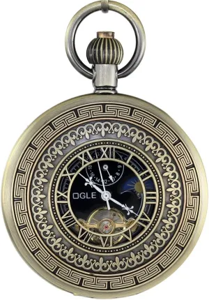 OGLE Waterproof Bronze Black Tourbillon Phases Moon Chain Fob Skeleton Automatic Mechanical Pocket Watch