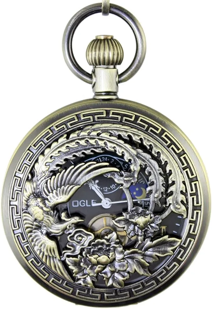OGLE Waterproof Bronze Phoenix Black Tourbillon Phases Moon Chain Fob Automatic Mechanical Pocket Watch