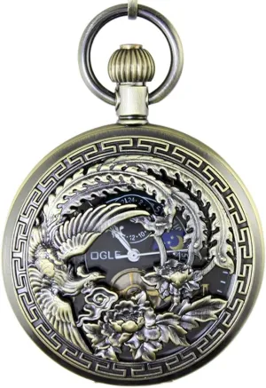 OGLE Waterproof Bronze Phoenix Black Tourbillon Phases Moon Chain Fob Automatic Mechanical Pocket Watch
