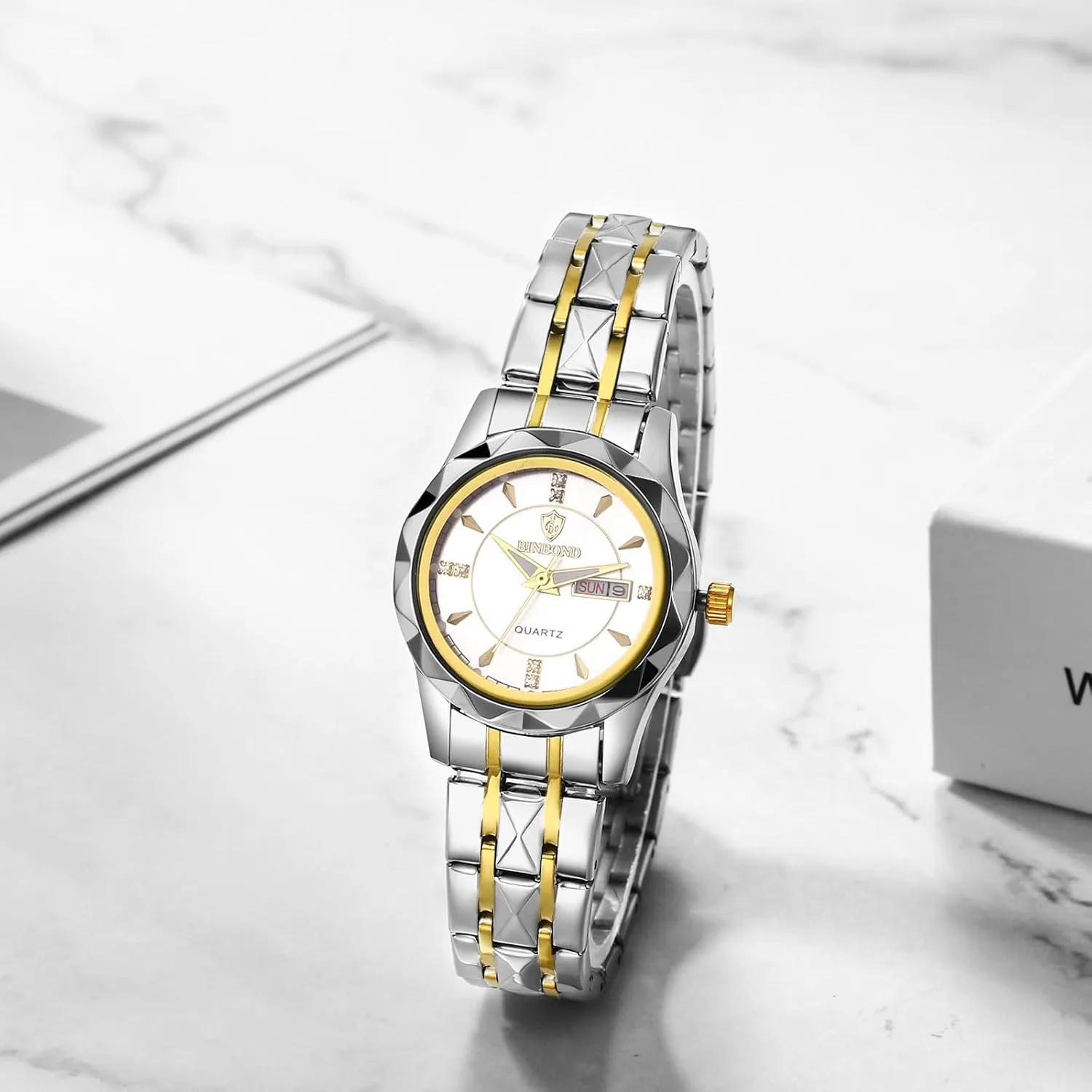 OIDEA Stainless Steel Men's Watches: Rhinestone Rhombus Analog Quartz Wrist Watches for Men Business Dress Watch Waterproof Luminous Day Date Watch