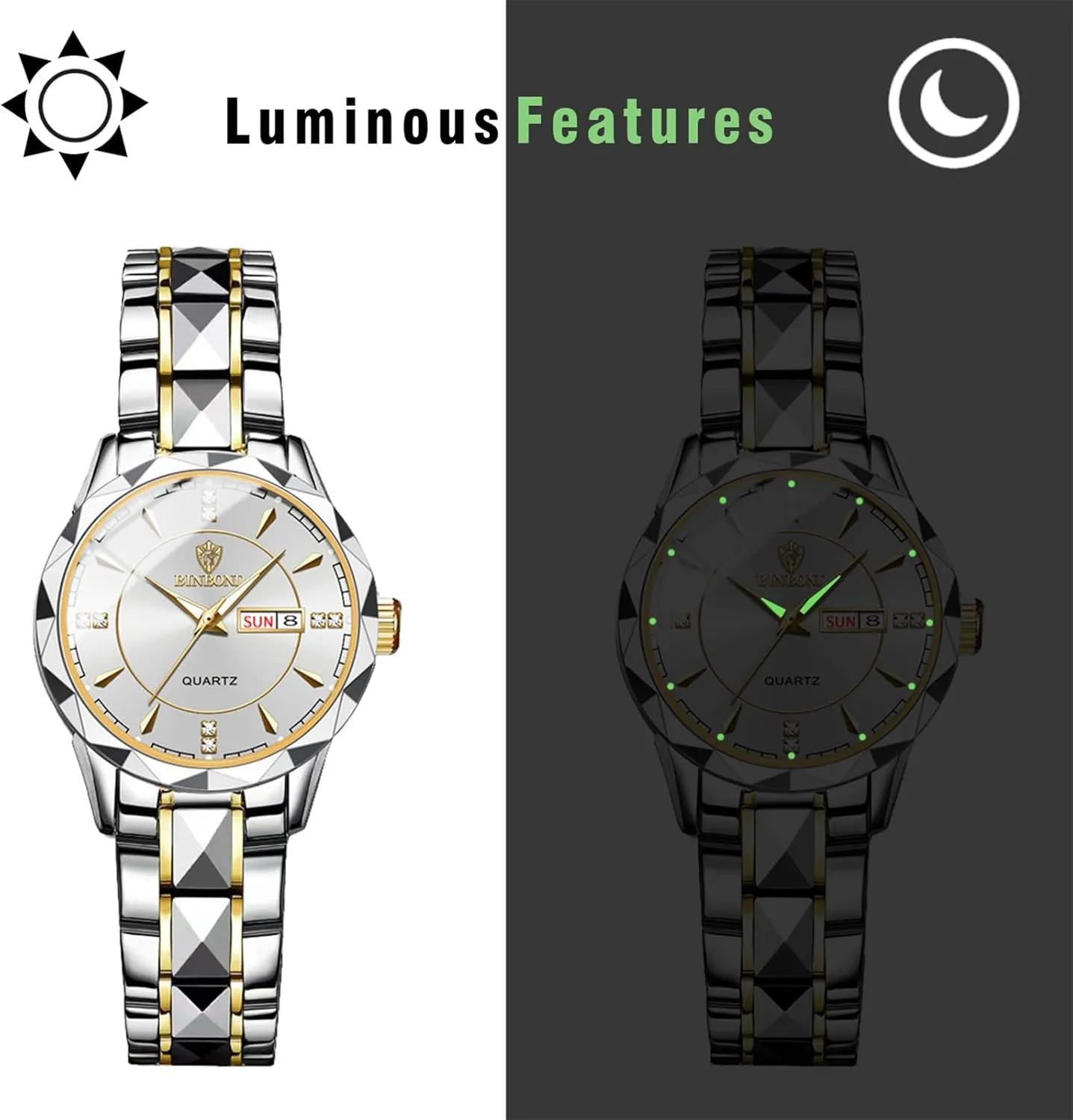 OIDEA Stainless Steel Men's Watches: Rhinestone Rhombus Analog Quartz Wrist Watches for Men Business Dress Watch Waterproof Luminous Day Date Watch