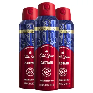 Old Spice Aluminum Free Body Spray for Men, 24/7 Odor Protection, 24/7 Lasting Fragnance & Freshness, Cologne Quality Scent, Captain with Bergamont Scent, 5.1 oz (Pack of 3)