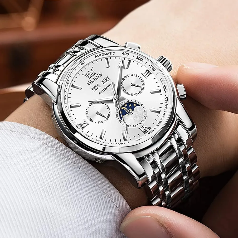 OLEVS Automatic Men Watch Self Winding Mechanical Luxury Dress Moon Phase Stainless Steel Waterproof Luminous Calendar Wrist Watch