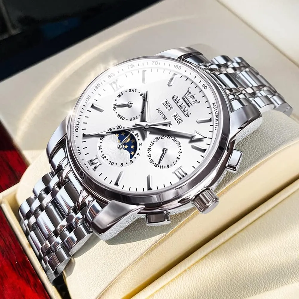 OLEVS Automatic Men Watch Self Winding Mechanical Luxury Dress Moon Phase Stainless Steel Waterproof Luminous Calendar Wrist Watch