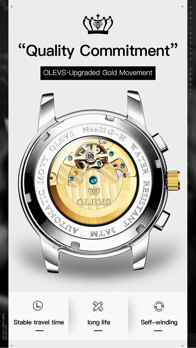 OLEVS Automatic Men Watch Self Winding Mechanical Luxury Dress Moon Phase Stainless Steel Waterproof Luminous Calendar Wrist Watch