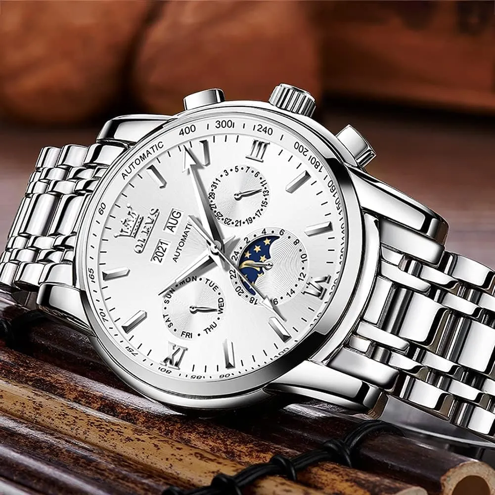 OLEVS Automatic Men Watch Self Winding Mechanical Luxury Dress Moon Phase Stainless Steel Waterproof Luminous Calendar Wrist Watch