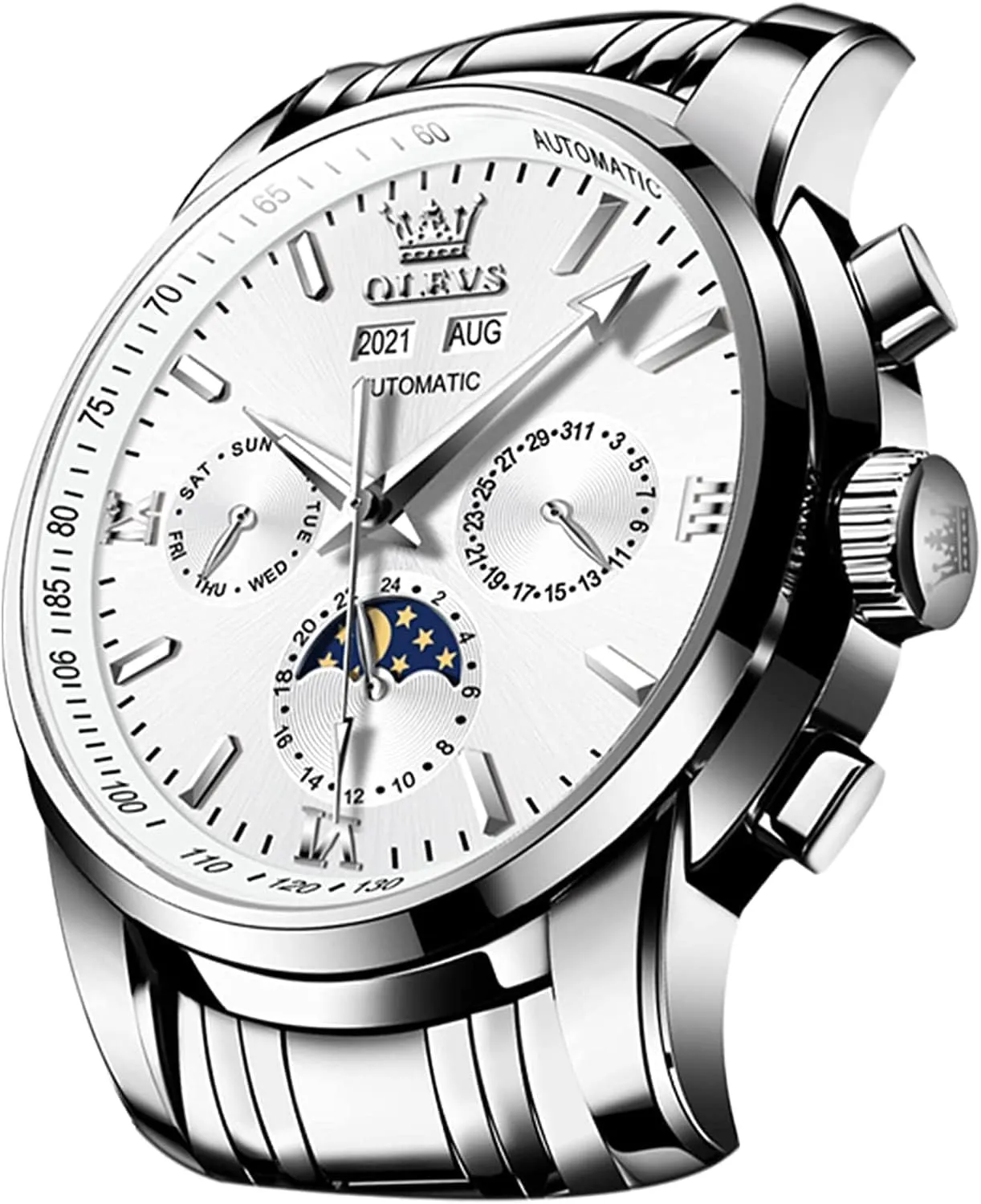 OLEVS Automatic Men Watch Self Winding Mechanical Luxury Dress Moon Phase Stainless Steel Waterproof Luminous Calendar Wrist Watch