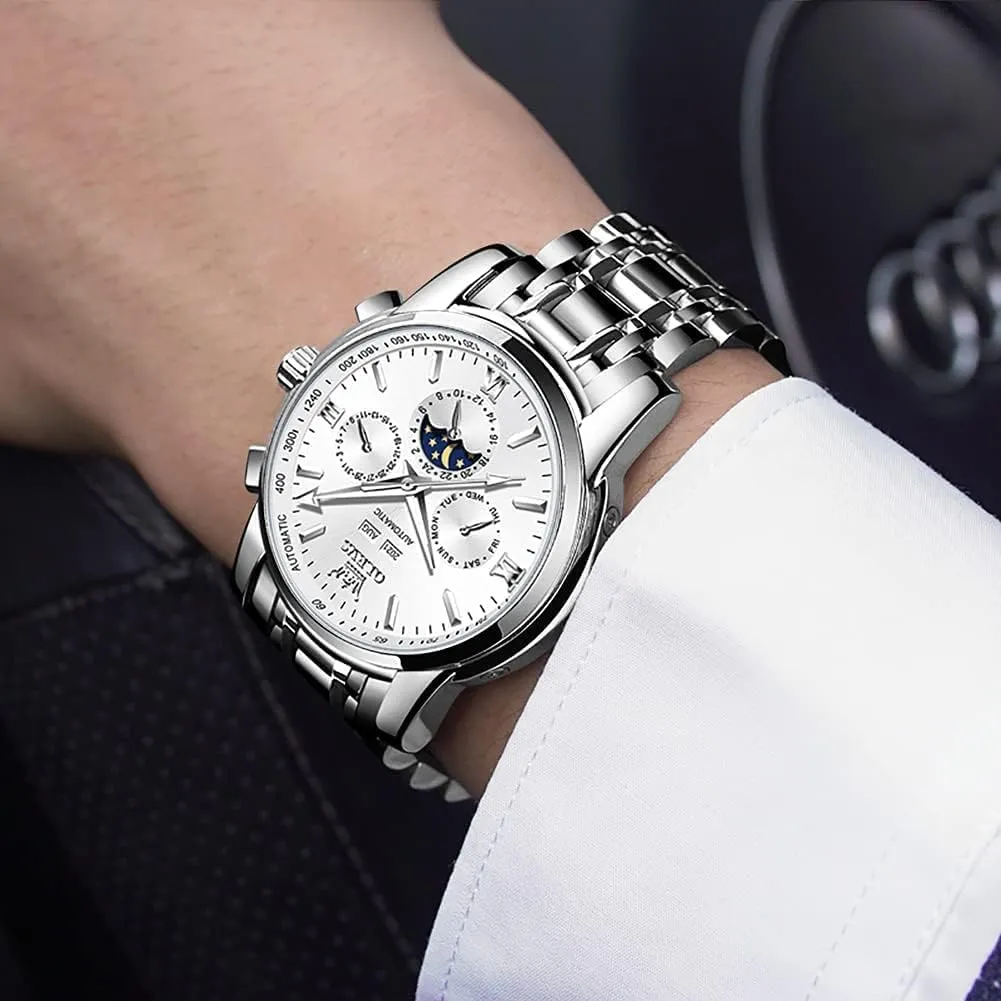 OLEVS Automatic Men Watch Self Winding Mechanical Luxury Dress Moon Phase Stainless Steel Waterproof Luminous Calendar Wrist Watch