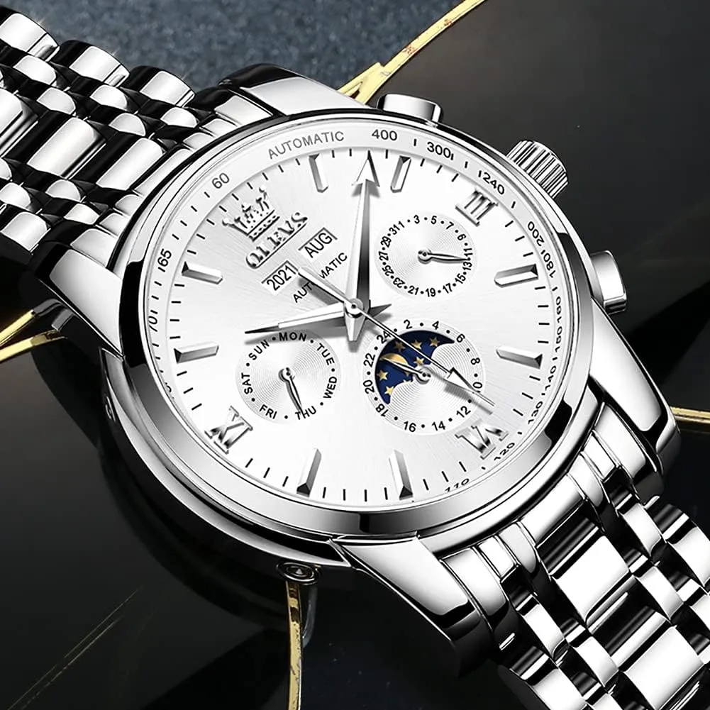 OLEVS Automatic Men Watch Self Winding Mechanical Luxury Dress Moon Phase Stainless Steel Waterproof Luminous Calendar Wrist Watch